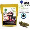 Sachet de fleurs CBD Afghan Cheese avec illustration, logo, mentions légales et une tête de fleur en présentation.