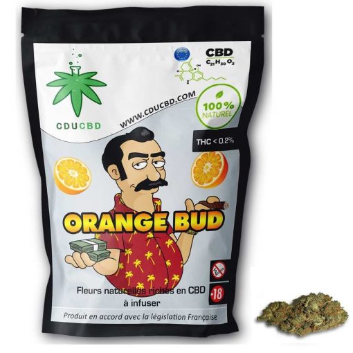 Sachet de fleurs CBD Orange Bud avec illustration, mentions légales, molécules de CBD et bud de chanvre.