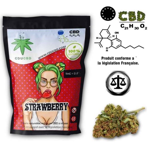 Sachet de fleurs CBD Strawberry avec illustration d’une femme, logo, mentions légales et une tête de fleur CBD.