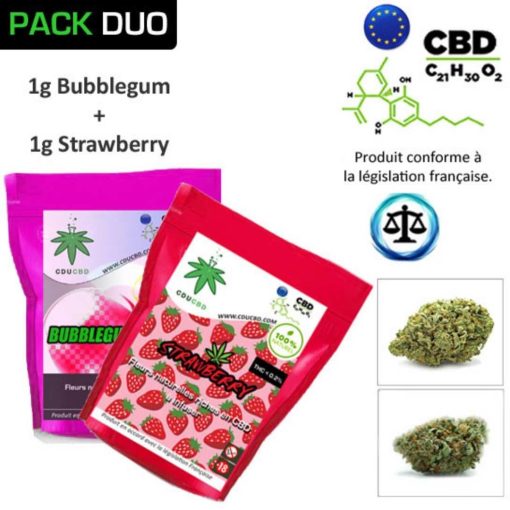 Deux sachets de fleurs CBD Bubblegum et Strawberry, avec illustrations, informations légales et buds en présentation.