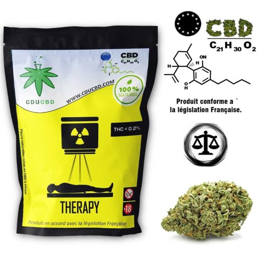 Sachet de fleurs CBD Therapy avec pictogramme médical et une tête de fleur CBD posée à droite.