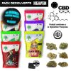 Pack de découverte CBD avec plusieurs sachets de fleurs, différents buds et mentions sur la législation et la composition.
