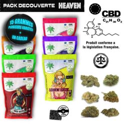 Pack de découverte CBD avec plusieurs sachets de fleurs, différents buds et mentions sur la législation et la composition.