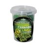 Pot en plastique transparent contenant des biscuits verts étiquetés "Spacecake Cannabis Cookies Pure Hemp". L’emballage affiche des feuilles et des fleurs de chanvre ainsi que la mention "Real Cannabis Inside".