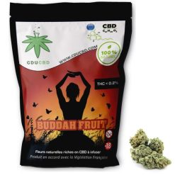 Sachet de fleurs CBD Buddah Fruit avec un design de silhouette méditative et une tête de fleur à droite.