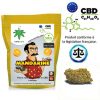 Un sachet jaune illustré « Mandarine », avec une caricature d’homme et des agrumes, à côté d’une fleur.