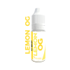 Flacon de e-liquide CBD "Lemon OG" de la marque Liquideo, avec un design blanc et jaune.