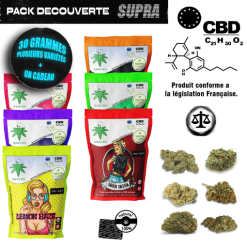 Pack découverte CBD avec plusieurs sachets de variétés différentes et têtes de fleurs disposées à droite.