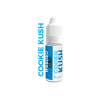 Flacon de e-liquide CBD "Cookie Kush" de la marque Liquideo, fond blanc et texte bleu.