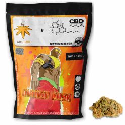 Sachet noir et orange de fleurs CBD Mango Kush avec illustration stylisée et une tête de fleurs CBD posée à côté.