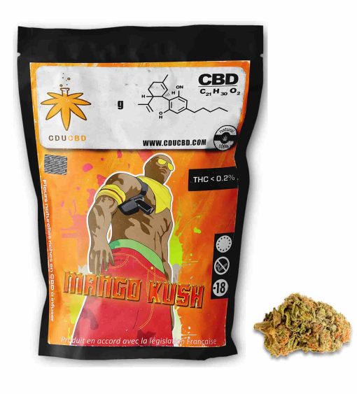 Sachet noir et orange de fleurs CBD Mango Kush avec illustration stylisée et une tête de fleurs CBD posée à côté.