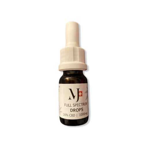 Flacon d'huile de CBD 10 % Full Spectrum avec pipette blanche.