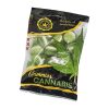 Sachet de bonbons gélifiés "Gummies Cannabis" de la marque Multitrance Amsterdam. L’emballage noir et vert affiche des bonbons bicolores verts et blancs, ainsi qu’une feuille de chanvre. La mention "rich in CBD" est indiquée.