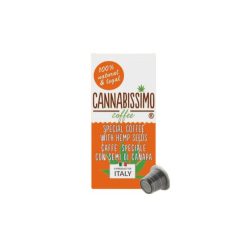 Boîte de capsules de café "Cannabissimo Coffee", un café spécial aux graines de chanvre. L’emballage blanc et orange indique qu’il s’agit d’un produit naturel et légal, fabriqué en Italie.