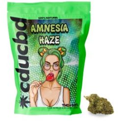 Sachet vert de fleurs CBD Amnesia Haze avec illustration d'une femme tenant une sucette et une tête de fleurs CBD posée à côté.