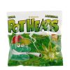 Sachet de bonbons "Pot Heads" de la marque Dr. Greenlove, avec un design vert décoré de feuilles de chanvre et d’un personnage cartoon fumant un joint. L’emballage mentionne l’utilisation d’huile de cannabis.