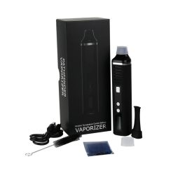 Vaporisateur Pathfinder 2 pour herbes sèches, affiché avec son emballage noir, câble USB, accessoires de nettoyage et embout supplémentaire.