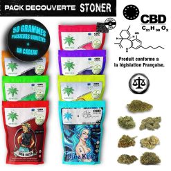 Huit sachets de chanvre colorés, affichant « Pack Découverte Stoner 50 g » et quelques fleurs vertes à côté.