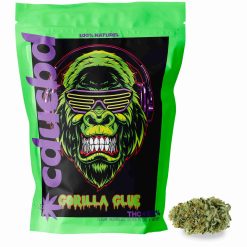 Sachet noir et coloré de fleurs CBD Zkittlez avec une tête de fleurs CBD posée à côté.