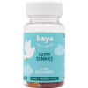 Flacon de bonbons gélifiés "Happy Gummies" de la marque Kaya, contenant 10 mg de CBD, 5-HTP et des multivitamines. L’emballage bleu clair est décoré d’un oiseau blanc et de nuages.
