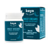 Boîte et flacon de gélules "Sweet Dreams" de la marque Kaya, un complément alimentaire adaptogène contenant 20 mg de CBD par capsule. L’emballage bleu nuit affiche des illustrations d’oiseaux et de croissants de lune.