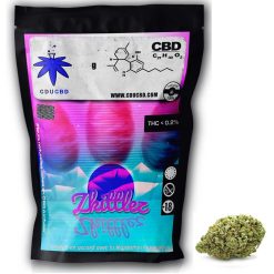 Un sachet noir et rose, affichant la formule chimique CBD (C₂₁H₃₀O₂), « Zkittlez », et une fleur verte.