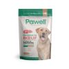 Sachet refermable de friandises pour chiens à base de bœuf et d'huile de chanvre. L'emballage affiche le logo "Pawell", une image d'un Labrador, et des informations sur la teneur en CBD (3 mg par biscuit).