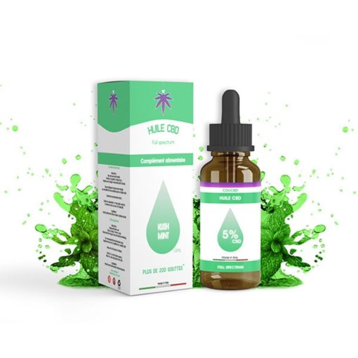 Flacon d'huile CBD 5% Kush Mint avec sa boîte, fond éclaboussures de menthe verte.