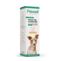 Boîte d'huile de chanvre Pawell pour chien de taille moyenne, contenant 500 mg de CBD. Le produit est étiqueté comme "Full spectrum" et "Organic". L'emballage indique des effets potentiels sur l'anxiété, la mobilité et le calme.