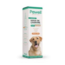 Boîte blanche et verte contenant un flacon d'huile de chanvre avec CBD pour gros chiens. L'emballage indique une concentration de 700 mg de CBD et affiche une image de Labrador.