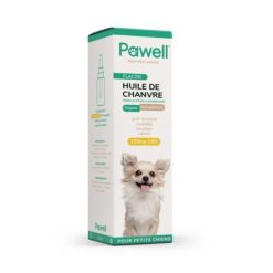Boîte d'huile de chanvre Pawell pour petits chiens, contenant 250 mg de CBD. Le produit est étiqueté comme "Full spectrum" et "Organic". L'emballage mentionne des effets potentiels sur l'anxiété, la mobilité et le calme.