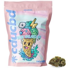 Un sachet rose illustré d’une glace fantaisie « Blue Gelato 41 », avec une fleur verte.