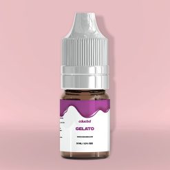 Flacon d’e-liquide Gelato CDUCBD sur fond rose.