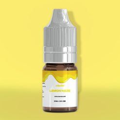 Flacon d’e-liquide Lemon Haze CDUCBD sur fond jaune.