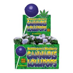 Boîte de sucettes "Cannabis Lollipops" de la marque Dr. Greenlove, saveur Bubble Gum x Blueberry. L’emballage vert est décoré de feuilles de chanvre et mentionne l’utilisation d’huile de cannabis.
