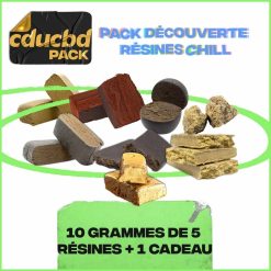 Plusieurs blocs de résines de différentes couleurs, avec l’inscription « Pack Découverte Résines Chill ».