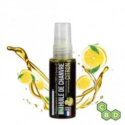 Flacon de spray d'huile de chanvre au citron, avec du CBD, présenté avec des éclaboussures d'huile et des illustrations de tranches de citron. L’étiquette mentionne une préparation culinaire à base de CBD, fabriquée en France.