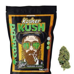 Sachet noir et orange de fleurs CBD Kosher Kush avec illustration stylisée et un bourgeon vert compact à côté.