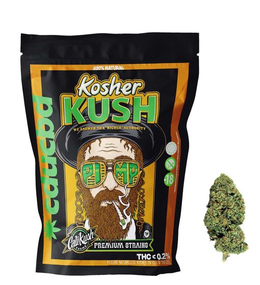 Sachet noir et orange de fleurs CBD Kosher Kush avec illustration stylisée et un bourgeon vert compact à côté.