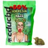 Sachet vert de fleurs CBD Amnesia Haze avec illustration d'une femme tenant une sucette et une tête de fleurs CBD posée à côté.