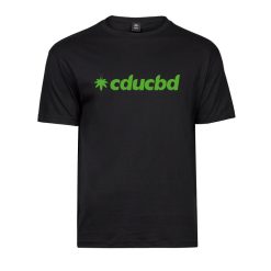 T-shirt noir à col rond avec le logo "cducbd" imprimé en vert sur la poitrine, accompagné d'une feuille stylisée de cannabis sur le côté gauche du texte.
