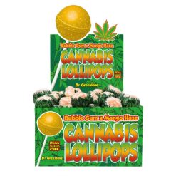 Boîte de sucettes "Cannabis Lollipops" de la marque Dr. Greenlove, saveur Bubble Gum x Mango Haze. L’emballage vert présente un motif de feuilles de chanvre et mentionne l’utilisation d’huile de cannabis.