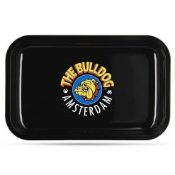 Plateau de roulage noir arborant le logo emblématique de The Bulldog Amsterdam, représentant un bulldog jaune sur un fond bleu avec des lettres rouges et blanches.