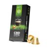 Boîte de capsules de café au CBD, contenant 10 capsules en aluminium. L’emballage noir et vert indique une intensité de 9 et un dosage de 10 mg de CBD par tasse, avec un total de 100 mg de CBD.