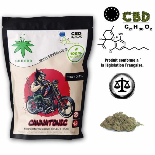 Un sachet décoré d’un motard, portant la mention « Cannatonic », et une tête de fleurs à côté