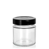 Bocal en verre transparent avec un couvercle noir hermétique, idéal pour conserver des herbes, résines, aliments ou autres produits en toute fraîcheur.