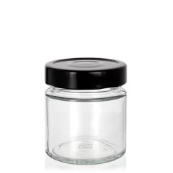 Bocal en verre transparent avec un couvercle noir hermétique, idéal pour conserver des herbes, résines, aliments ou autres produits en toute fraîcheur.