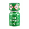 Flacon de Poppers CBD Green Power, contenant 10 ml. Emballage vert avec des pictogrammes de danger en haut (inflammable et toxique), mentionnant l’usage comme nettoyant pour cuir.