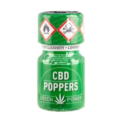 Flacon de Poppers CBD Green Power, contenant 10 ml. Emballage vert avec des pictogrammes de danger en haut (inflammable et toxique), mentionnant l’usage comme nettoyant pour cuir.