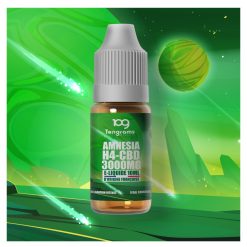 Flacon de 10 ml de e-liquide Amnesia H4-CBD 3000 mg de la marque Tengrams, sur fond vert futuriste.